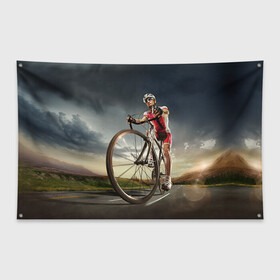 Флаг-баннер с принтом Велогонщик в Тюмени, 100% полиэстер | размер 67 х 109 см, плотность ткани — 95 г/м2; по краям флага есть четыре люверса для крепления | extreme | вело | велосипед | шоссейный велосипед | экстрим