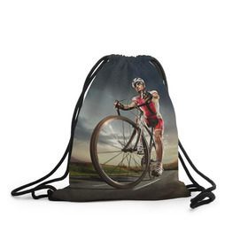 Рюкзак-мешок 3D с принтом Велогонщик в Тюмени, 100% полиэстер | плотность ткани — 200 г/м2, размер — 35 х 45 см; лямки — толстые шнурки, застежка на шнуровке, без карманов и подкладки | Тематика изображения на принте: extreme | вело | велосипед | шоссейный велосипед | экстрим