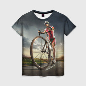 Женская футболка 3D с принтом Велогонщик в Тюмени, 100% полиэфир ( синтетическое хлопкоподобное полотно) | прямой крой, круглый вырез горловины, длина до линии бедер | extreme | вело | велосипед | шоссейный велосипед | экстрим