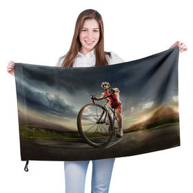 Флаг 3D с принтом Велогонщик в Тюмени, 100% полиэстер | плотность ткани — 95 г/м2, размер — 67 х 109 см. Принт наносится с одной стороны | extreme | вело | велосипед | шоссейный велосипед | экстрим