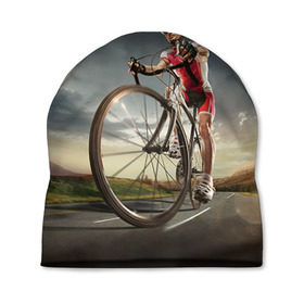 Шапка 3D с принтом Велогонщик в Тюмени, 100% полиэстер | универсальный размер, печать по всей поверхности изделия | extreme | вело | велосипед | шоссейный велосипед | экстрим