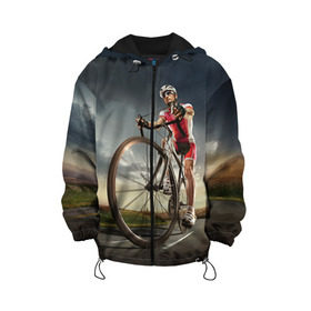 Детская куртка 3D с принтом Велогонщик в Тюмени, 100% полиэстер | застежка — молния, подол и капюшон оформлены резинкой с фиксаторами, по бокам — два кармана без застежек, один потайной карман на груди, плотность верхнего слоя — 90 г/м2; плотность флисового подклада — 260 г/м2 | extreme | вело | велосипед | шоссейный велосипед | экстрим