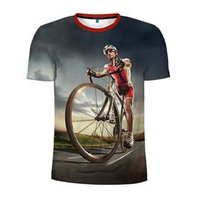 Мужская футболка 3D спортивная с принтом Велогонщик в Тюмени, 100% полиэстер с улучшенными характеристиками | приталенный силуэт, круглая горловина, широкие плечи, сужается к линии бедра | Тематика изображения на принте: extreme | вело | велосипед | шоссейный велосипед | экстрим