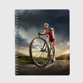Тетрадь с принтом Велогонщик в Тюмени, 100% бумага | 48 листов, плотность листов — 60 г/м2, плотность картонной обложки — 250 г/м2. Листы скреплены сбоку удобной пружинной спиралью. Уголки страниц и обложки скругленные. Цвет линий — светло-серый
 | extreme | вело | велосипед | шоссейный велосипед | экстрим