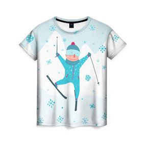 Женская футболка 3D с принтом Лыжник в Тюмени, 100% полиэфир ( синтетическое хлопкоподобное полотно) | прямой крой, круглый вырез горловины, длина до линии бедер | extreme | ski | skiing | горнолыжное | горные лыжи | лыжник | фристайл | экстрим