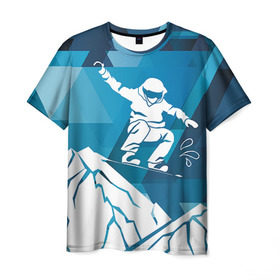 Мужская футболка 3D с принтом Горы и сноубордист в Тюмени, 100% полиэфир | прямой крой, круглый вырез горловины, длина до линии бедер | Тематика изображения на принте: extreme | snowboard | сноуборд | сноубордист | экстрим