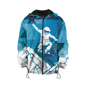 Детская куртка 3D с принтом Горы и сноубордист в Тюмени, 100% полиэстер | застежка — молния, подол и капюшон оформлены резинкой с фиксаторами, по бокам — два кармана без застежек, один потайной карман на груди, плотность верхнего слоя — 90 г/м2; плотность флисового подклада — 260 г/м2 | extreme | snowboard | сноуборд | сноубордист | экстрим
