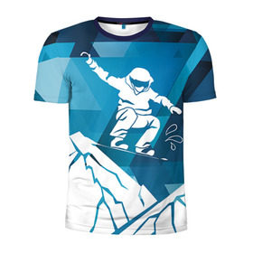 Мужская футболка 3D спортивная с принтом Горы и сноубордист в Тюмени, 100% полиэстер с улучшенными характеристиками | приталенный силуэт, круглая горловина, широкие плечи, сужается к линии бедра | extreme | snowboard | сноуборд | сноубордист | экстрим