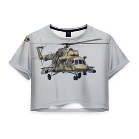Женская футболка 3D укороченная с принтом МИ 8 в Тюмени, 100% полиэстер | круглая горловина, длина футболки до линии талии, рукава с отворотами | авиация | армия | ввс | вертолет | военная техника | ми 8 | ударный