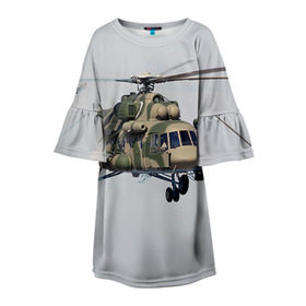 Детское платье 3D с принтом МИ 8 в Тюмени, 100% полиэстер | прямой силуэт, чуть расширенный к низу. Круглая горловина, на рукавах — воланы | авиация | армия | ввс | вертолет | военная техника | ми 8 | ударный