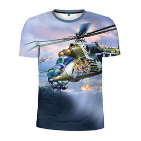 Мужская футболка 3D спортивная с принтом МИ 24 в Тюмени, 100% полиэстер с улучшенными характеристиками | приталенный силуэт, круглая горловина, широкие плечи, сужается к линии бедра | авиация | армия | боевой | ввс | вертолет | военная техника | крокодил | ми 24 | ударный