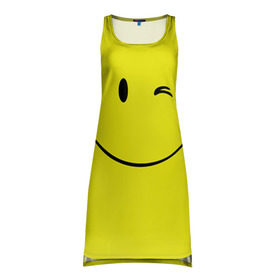 Платье-майка 3D с принтом Смайл в Тюмени, 100% полиэстер | полуприлегающий силуэт, широкие бретели, круглый вырез горловины, удлиненный подол сзади. | emoji | smile | жёлтый | смайл | смайлик | улыбка | эмодзи | эмоции