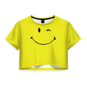 Женская футболка 3D укороченная с принтом Смайл в Тюмени, 100% полиэстер | круглая горловина, длина футболки до линии талии, рукава с отворотами | emoji | smile | жёлтый | смайл | смайлик | улыбка | эмодзи | эмоции