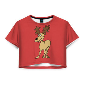 Женская футболка 3D укороченная с принтом Прикольный олень в Тюмени, 100% полиэстер | круглая горловина, длина футболки до линии талии, рукава с отворотами | зима | лось | милый | новый год | олень | прикольный