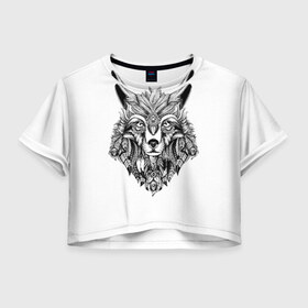 Женская футболка 3D укороченная с принтом Волк в Тюмени, 100% полиэстер | круглая горловина, длина футболки до линии талии, рукава с отворотами | вожак | волк | голова | дикий | зверь