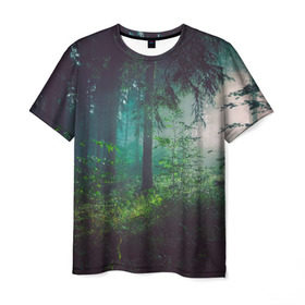 Мужская футболка 3D с принтом Таинственный лес в Тюмени, 100% полиэфир | прямой крой, круглый вырез горловины, длина до линии бедер | Тематика изображения на принте: деревья | зелень | на макете изображен таинственный зеленый леслес