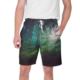 Мужские шорты 3D с принтом Таинственный лес в Тюмени,  полиэстер 100% | прямой крой, два кармана без застежек по бокам. Мягкая трикотажная резинка на поясе, внутри которой широкие завязки. Длина чуть выше колен | деревья | зелень | на макете изображен таинственный зеленый леслес