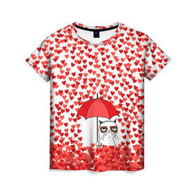 Женская футболка 3D с принтом Сердцепад в Тюмени, 100% полиэфир ( синтетическое хлопкоподобное полотно) | прямой крой, круглый вырез горловины, длина до линии бедер | зонтик | кот | сердитый | сердца | сердцепад