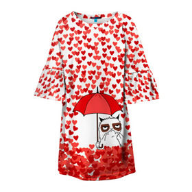 Детское платье 3D с принтом Сердцепад в Тюмени, 100% полиэстер | прямой силуэт, чуть расширенный к низу. Круглая горловина, на рукавах — воланы | Тематика изображения на принте: зонтик | кот | сердитый | сердца | сердцепад