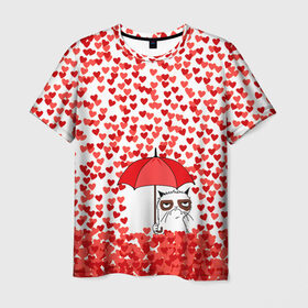 Мужская футболка 3D с принтом Сердцепад в Тюмени, 100% полиэфир | прямой крой, круглый вырез горловины, длина до линии бедер | зонтик | кот | сердитый | сердца | сердцепад