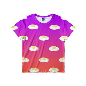 Детская футболка 3D с принтом Яичница в Тюмени, 100% гипоаллергенный полиэфир | прямой крой, круглый вырез горловины, длина до линии бедер, чуть спущенное плечо, ткань немного тянется | Тематика изображения на принте: еда | завтрак | яичница