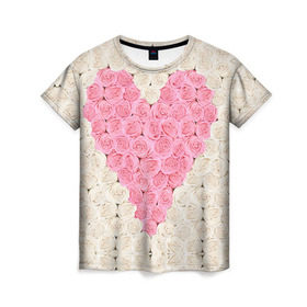 Женская футболка 3D с принтом Сердце из роз в Тюмени, 100% полиэфир ( синтетическое хлопкоподобное полотно) | прямой крой, круглый вырез горловины, длина до линии бедер | 14 февраля | love | love is | валентин | влюбленный | день святого валентина | любовь | милый | розы | святой | сердечко | сердце