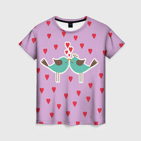 Женская футболка 3D с принтом Птички в Тюмени, 100% полиэфир ( синтетическое хлопкоподобное полотно) | прямой крой, круглый вырез горловины, длина до линии бедер | 14 февраля | love | валентин | влюбленные | любовь | птички | сердечко | сердце