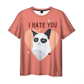 Мужская футболка 3D с принтом I hate you в Тюмени, 100% полиэфир | прямой крой, круглый вырез горловины, длина до линии бедер | Тематика изображения на принте: 14 февраля | cat | i hate you | день святого валентина | кот | ненавижу 14 февраля | сердечки