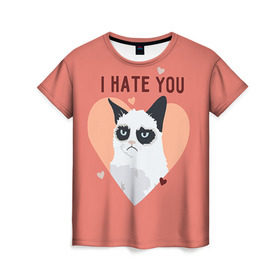 Женская футболка 3D с принтом I hate you в Тюмени, 100% полиэфир ( синтетическое хлопкоподобное полотно) | прямой крой, круглый вырез горловины, длина до линии бедер | 14 февраля | cat | i hate you | день святого валентина | кот | ненавижу 14 февраля | сердечки