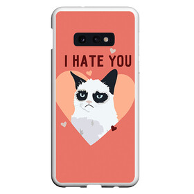 Чехол для Samsung S10E с принтом I hate you в Тюмени, Силикон | Область печати: задняя сторона чехла, без боковых панелей | 14 февраля | cat | i hate you | день святого валентина | кот | ненавижу 14 февраля | сердечки