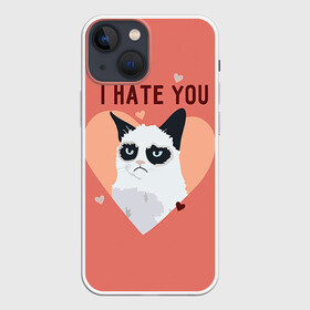 Чехол для iPhone 13 mini с принтом I hate you в Тюмени,  |  | Тематика изображения на принте: 14 февраля | cat | i hate you | день святого валентина | кот | ненавижу 14 февраля | сердечки