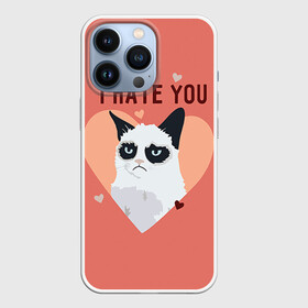 Чехол для iPhone 13 Pro с принтом I hate you в Тюмени,  |  | Тематика изображения на принте: 14 февраля | cat | i hate you | день святого валентина | кот | ненавижу 14 февраля | сердечки