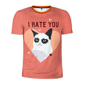 Мужская футболка 3D спортивная с принтом I hate you в Тюмени, 100% полиэстер с улучшенными характеристиками | приталенный силуэт, круглая горловина, широкие плечи, сужается к линии бедра | Тематика изображения на принте: 14 февраля | cat | i hate you | день святого валентина | кот | ненавижу 14 февраля | сердечки