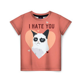 Детская футболка 3D с принтом I hate you в Тюмени, 100% гипоаллергенный полиэфир | прямой крой, круглый вырез горловины, длина до линии бедер, чуть спущенное плечо, ткань немного тянется | 14 февраля | cat | i hate you | день святого валентина | кот | ненавижу 14 февраля | сердечки