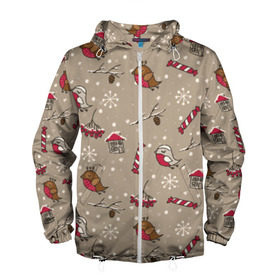Мужская ветровка 3D с принтом Зимнее настроение в Тюмени, 100% полиэстер | подол и капюшон оформлены резинкой с фиксаторами, два кармана без застежек по бокам, один потайной карман на груди | воробей | зима | конфеты | новый год | снежинки
