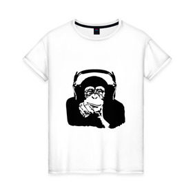Женская футболка хлопок с принтом Обезьяна в наушниках в Тюмени, 100% хлопок | прямой крой, круглый вырез горловины, длина до линии бедер, слегка спущенное плечо | 2016 | наушники | обезьяна | символ | шимпанзе