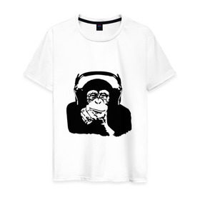 Мужская футболка хлопок с принтом Обезьяна в наушниках в Тюмени, 100% хлопок | прямой крой, круглый вырез горловины, длина до линии бедер, слегка спущенное плечо. | 2016 | наушники | обезьяна | символ | шимпанзе