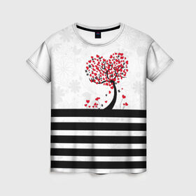 Женская футболка 3D с принтом Сердца в Тюмени, 100% полиэфир ( синтетическое хлопкоподобное полотно) | прямой крой, круглый вырез горловины, длина до линии бедер | весна | дерево | любовь | сердца | цветут | цветы
