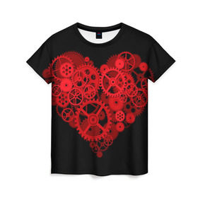 Женская футболка 3D с принтом Механическое сердце в Тюмени, 100% полиэфир ( синтетическое хлопкоподобное полотно) | прямой крой, круглый вырез горловины, длина до линии бедер | контраст | любовь | механическое | сердце | шестеренки