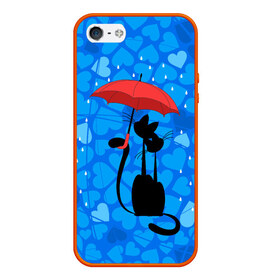 Чехол силиконовый для Телефон Apple iPhone 5/5S с принтом Под зонтом в Тюмени, Силикон | Область печати: задняя сторона чехла, без боковых панелей | Тематика изображения на принте: дождь | кот | кошка | любовь | под зонтом | сердца