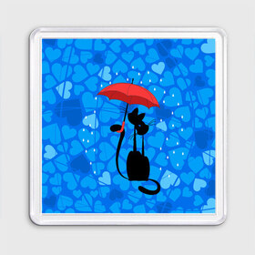 Магнит 55*55 с принтом Под зонтом в Тюмени, Пластик | Размер: 65*65 мм; Размер печати: 55*55 мм | Тематика изображения на принте: дождь | кот | кошка | любовь | под зонтом | сердца