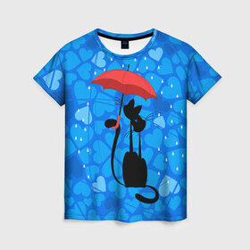 Женская футболка 3D с принтом Под зонтом в Тюмени, 100% полиэфир ( синтетическое хлопкоподобное полотно) | прямой крой, круглый вырез горловины, длина до линии бедер | дождь | кот | кошка | любовь | под зонтом | сердца