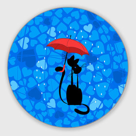 Коврик круглый с принтом Под зонтом в Тюмени, резина и полиэстер | круглая форма, изображение наносится на всю лицевую часть | Тематика изображения на принте: дождь | кот | кошка | любовь | под зонтом | сердца