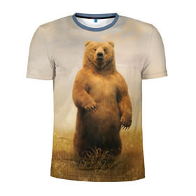 Мужская футболка 3D спортивная с принтом Медведь в поле в Тюмени, 100% полиэстер с улучшенными характеристиками | приталенный силуэт, круглая горловина, широкие плечи, сужается к линии бедра | Тематика изображения на принте: bear | медведь | одуванчики | русский медведь в чистом русском поле мечта патриотаполе | сено