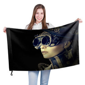 Флаг 3D с принтом Девушка steampunk в Тюмени, 100% полиэстер | плотность ткани — 95 г/м2, размер — 67 х 109 см. Принт наносится с одной стороны | девушка steampunk | киберпанк | кожа | очки | шляпа