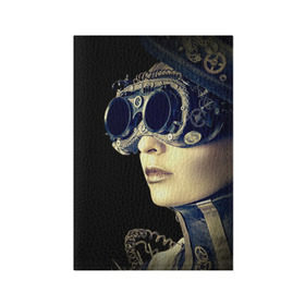 Обложка для паспорта матовая кожа с принтом Девушка steampunk в Тюмени, натуральная матовая кожа | размер 19,3 х 13,7 см; прозрачные пластиковые крепления | Тематика изображения на принте: девушка steampunk | киберпанк | кожа | очки | шляпа