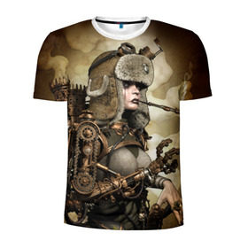 Мужская футболка 3D спортивная с принтом Девушка steampunk в Тюмени, 100% полиэстер с улучшенными характеристиками | приталенный силуэт, круглая горловина, широкие плечи, сужается к линии бедра | девушка steampunk | киберпанк | очки | шапка