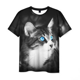 Мужская футболка 3D с принтом Кот в Тюмени, 100% полиэфир | прямой крой, круглый вырез горловины, длина до линии бедер | Тематика изображения на принте: взгляд | глаза | голубые | кот
