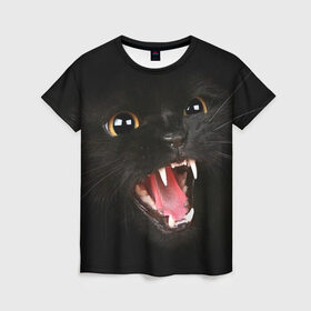 Женская футболка 3D с принтом Черный кот в Тюмени, 100% полиэфир ( синтетическое хлопкоподобное полотно) | прямой крой, круглый вырез горловины, длина до линии бедер | глаза | клыки | хищник | черный кон