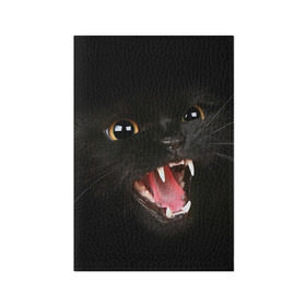Обложка для паспорта матовая кожа с принтом Черный кот в Тюмени, натуральная матовая кожа | размер 19,3 х 13,7 см; прозрачные пластиковые крепления | Тематика изображения на принте: глаза | клыки | хищник | черный кон